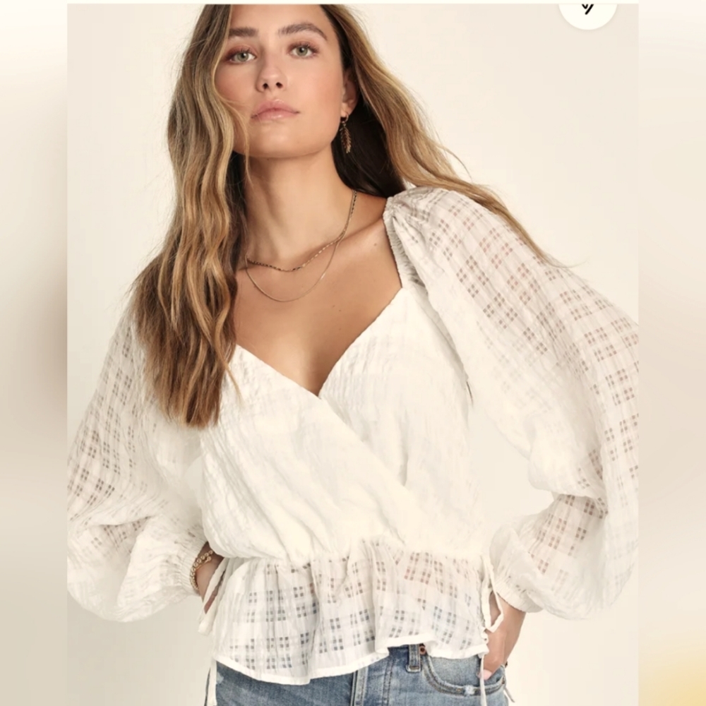 LULU'S Sunnier Days White Burnout Plaid Balloon Sleeve Top, XL, NWT